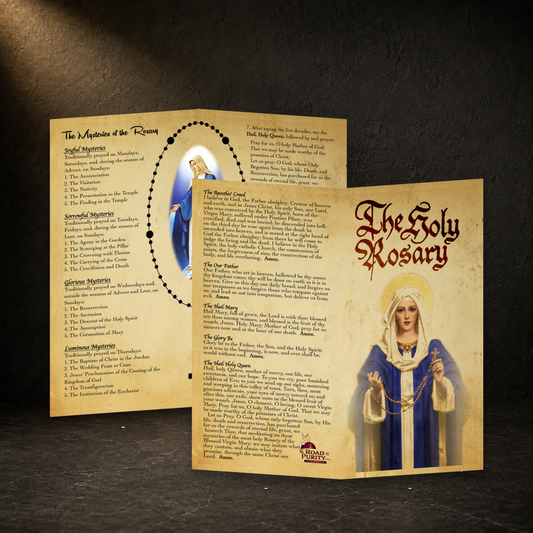 Holy Rosary prayer card in a dark premium devotional setting