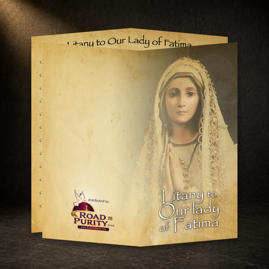 Litany to Our Lady of Fatima prayer card in a dark premium devotional setting