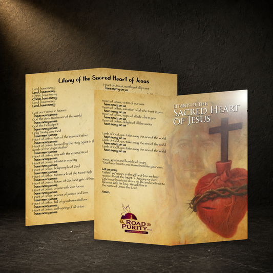 Litany of the Sacred Heart of Jesus prayer card in a dark premium devotional setting