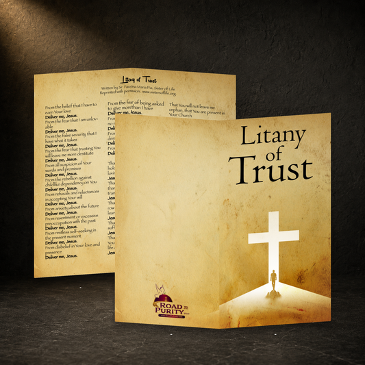 Litany of Trust prayer card in a dark premium devotional setting