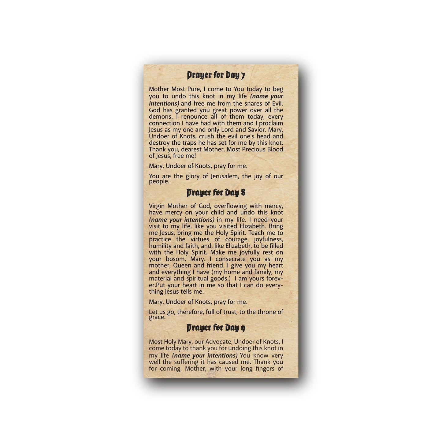 Mary Undoer of Knots novena - Prayer Card / 3" x 6" folded — back