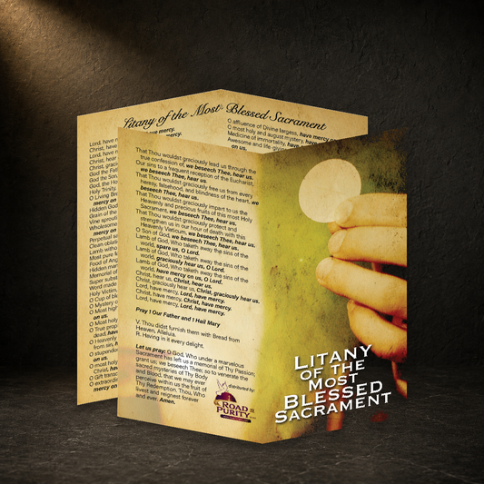 Litany of the Most Blessed Sacrament prayer card in a dark premium devotional setting