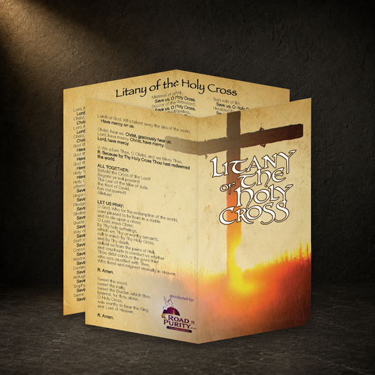 Litany of the Holy Cross prayer card in a dark premium devotional setting