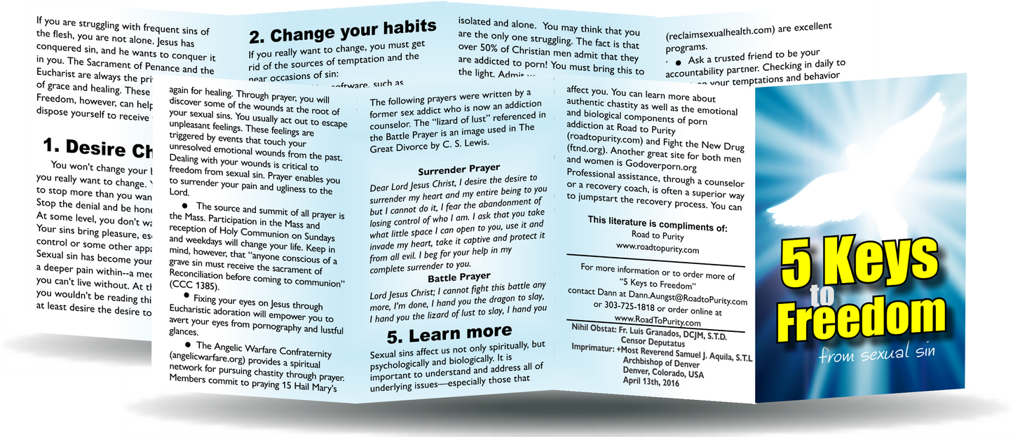 5 Keys to Freedom from Sexual Sin - 8pg mini pamphlet - ( CATHOLIC English version) Bulk from $25