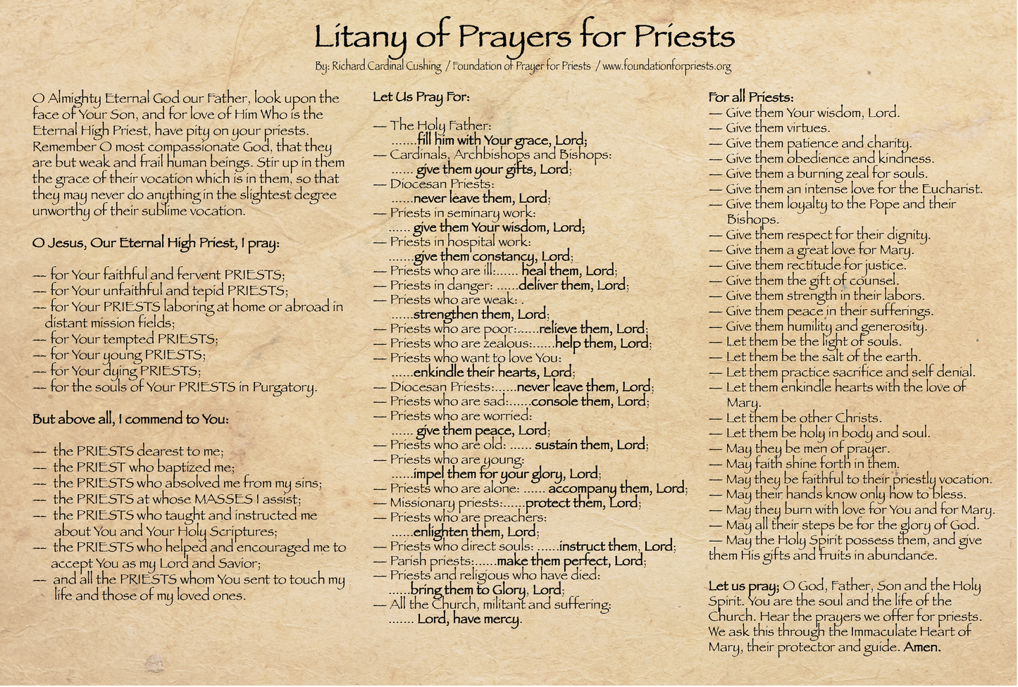 NEW! Litany of Prayers for Priests  - Prayer Card / 3" x 6" folded