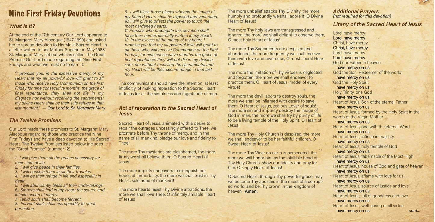 NEW! 9 First Friday Devotions - Prayer Card / 3" x 6" folded