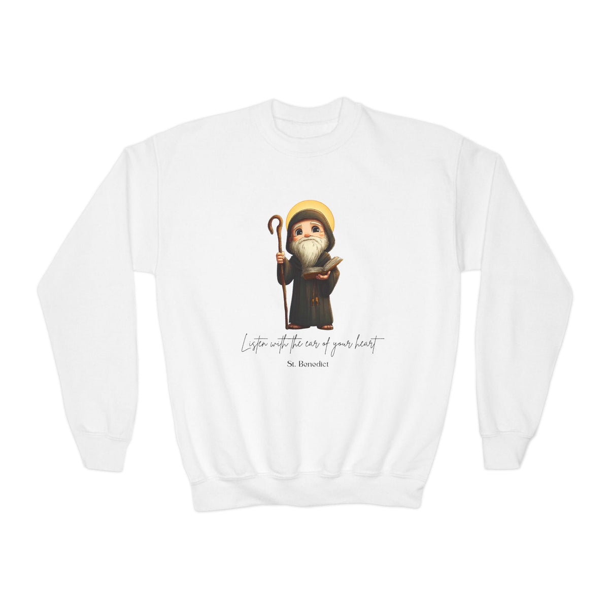 Comfy Cute Saint Benedict Kids Sweatshirt  Catholic Gift  Faith Apparel in 4 Colors