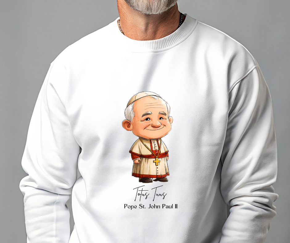 Soft Cute Pope Saint John Paul II  Adult Sweatshirt  Catholic Gift  Faith Apparel in 13 Colors