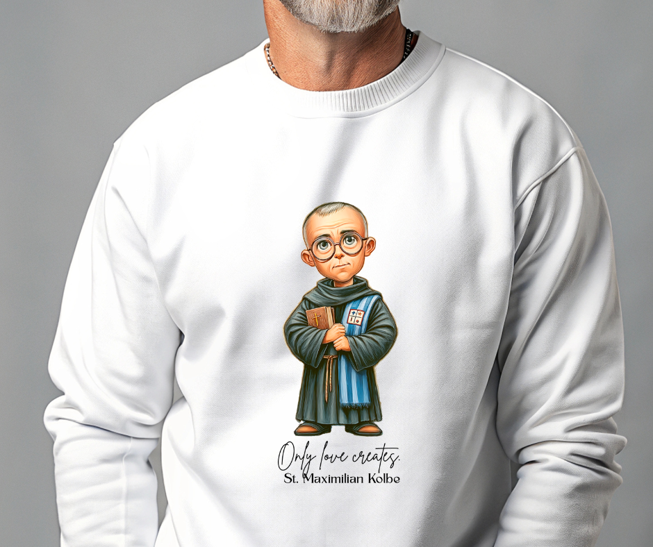 Saint Maximilian Kolbe Adult Sweatshirt, Catholic Gift, Faith Apparel in 13 Colors