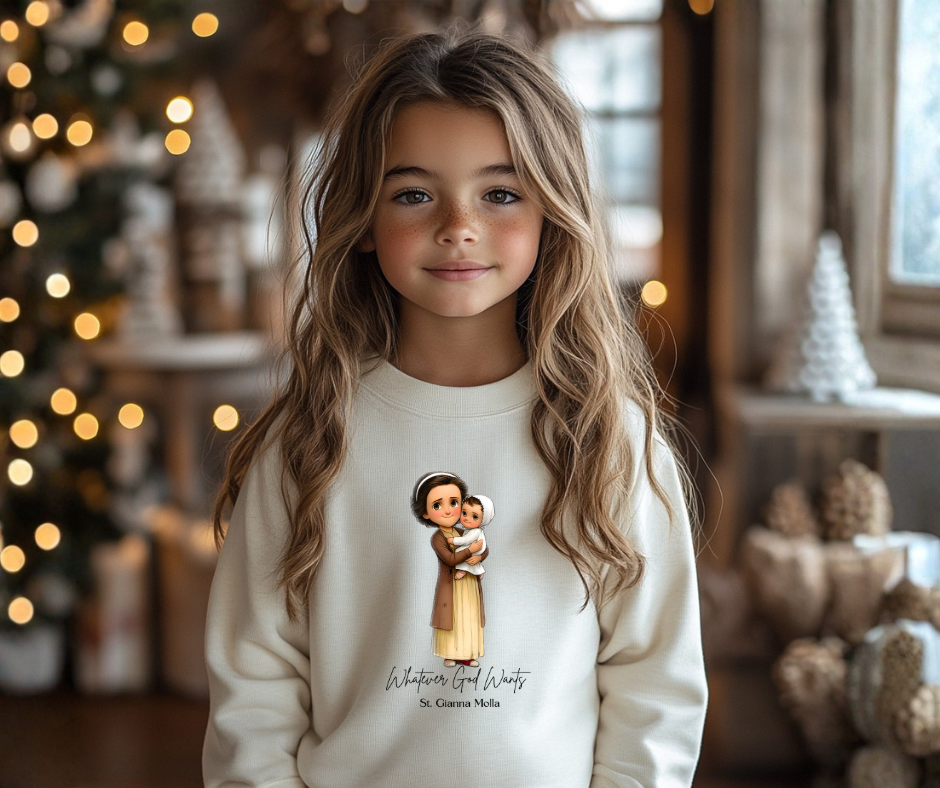 Saint Gianna Molla Kids Sweatshirt, Catholic Gift, Faith Apparel in 4 Colors