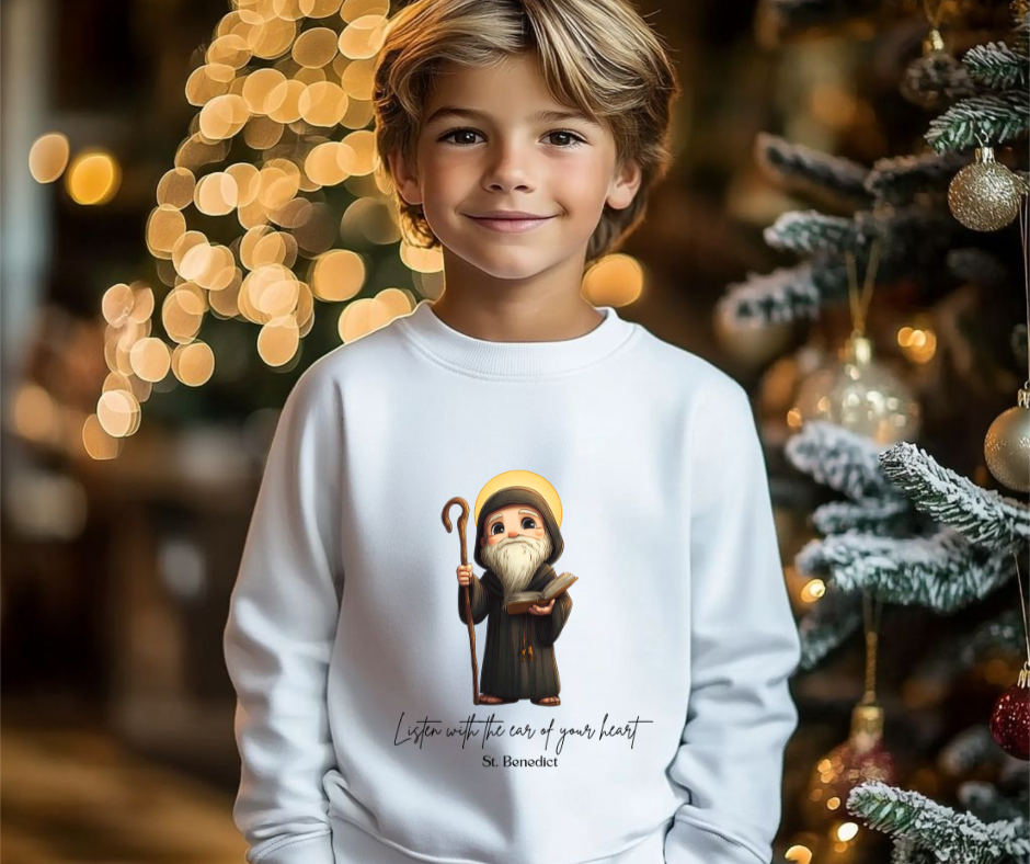 Comfy Cute Saint Benedict Kids Sweatshirt  Catholic Gift  Faith Apparel in 4 Colors