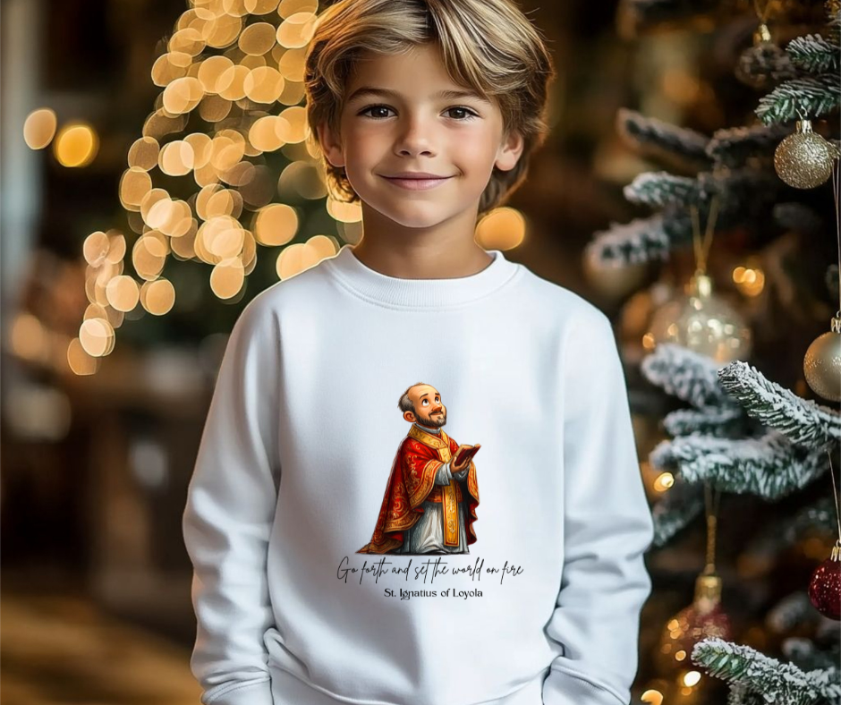 Cozy Cute Saint Ignatius of Loyola Kids Sweatshirt  Catholic Gift  Faith Apparel in 4 Colors