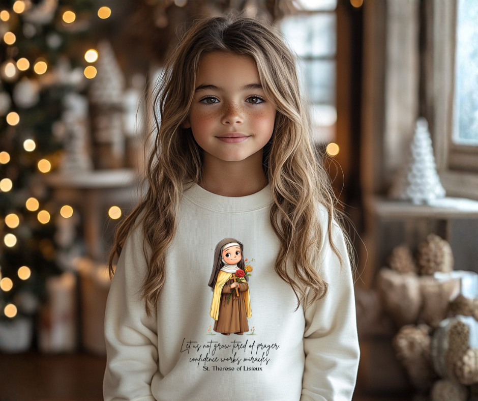 Warm Cute Saint Therese of Lisieux Kids Sweatshirt  Catholic Gift  Faith Apparel in 4 Colors
