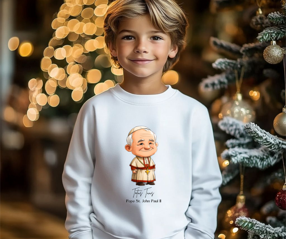 Saint John Paul II Kids Sweatshirt, Catholic Gift, Faith Apparel in 4 Colors
