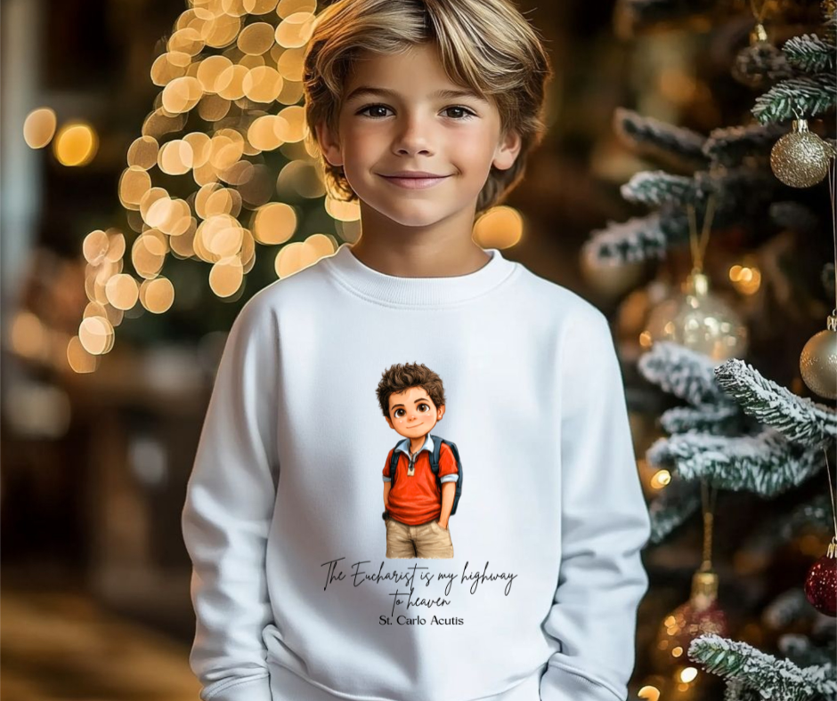 Classic Cute Saint Carlo Acutis Kids Sweatshirt  Catholic Gift  Faith Apparel in 4 Colors