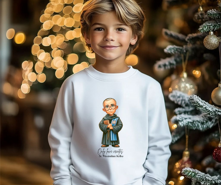 Comfy Cute Saint Maximilian Kolbe Kids Sweatshirt  Catholic Gift  Faith Apparel in 4 Colors