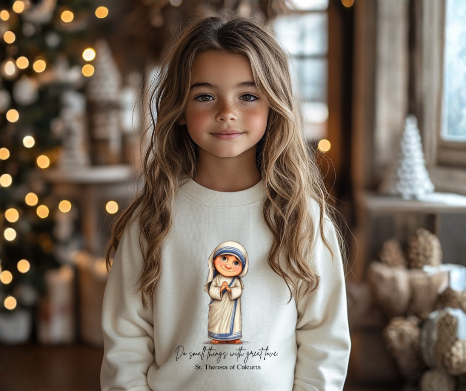 Stylish Cute St. Teresa of Calcutta Kids Sweatshirt, Catholic Gift, Faith Apparel in 4 Colors