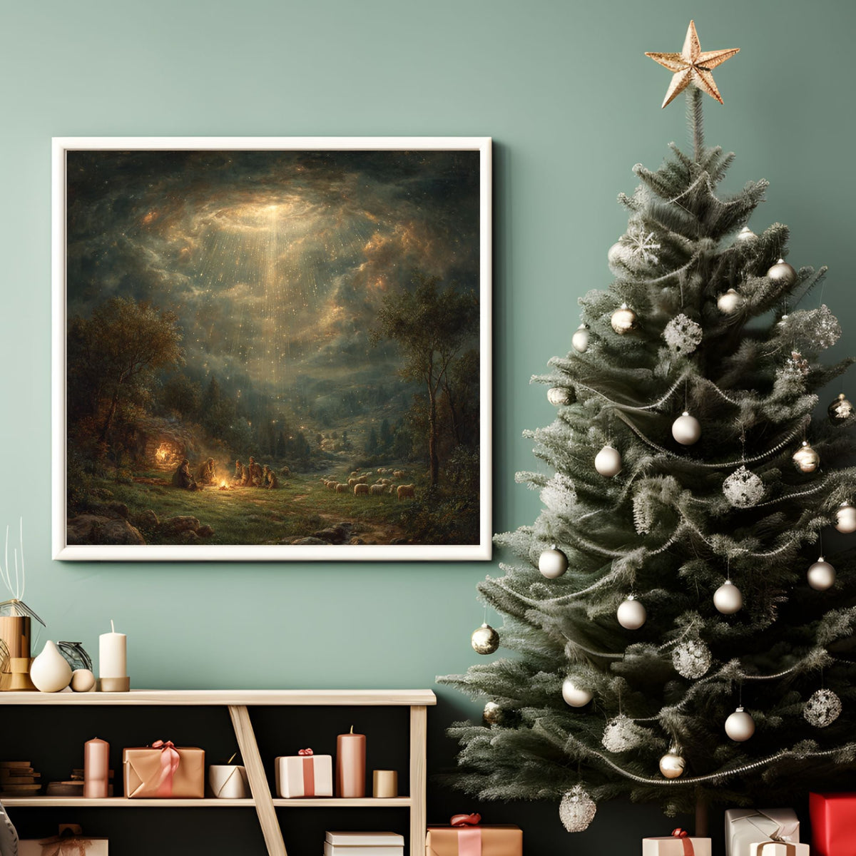 The Good News to the Shepherds Print, Nativity Wall Art, Christian Christmas Print, Angel Announcement Scene (Frame Not Included)