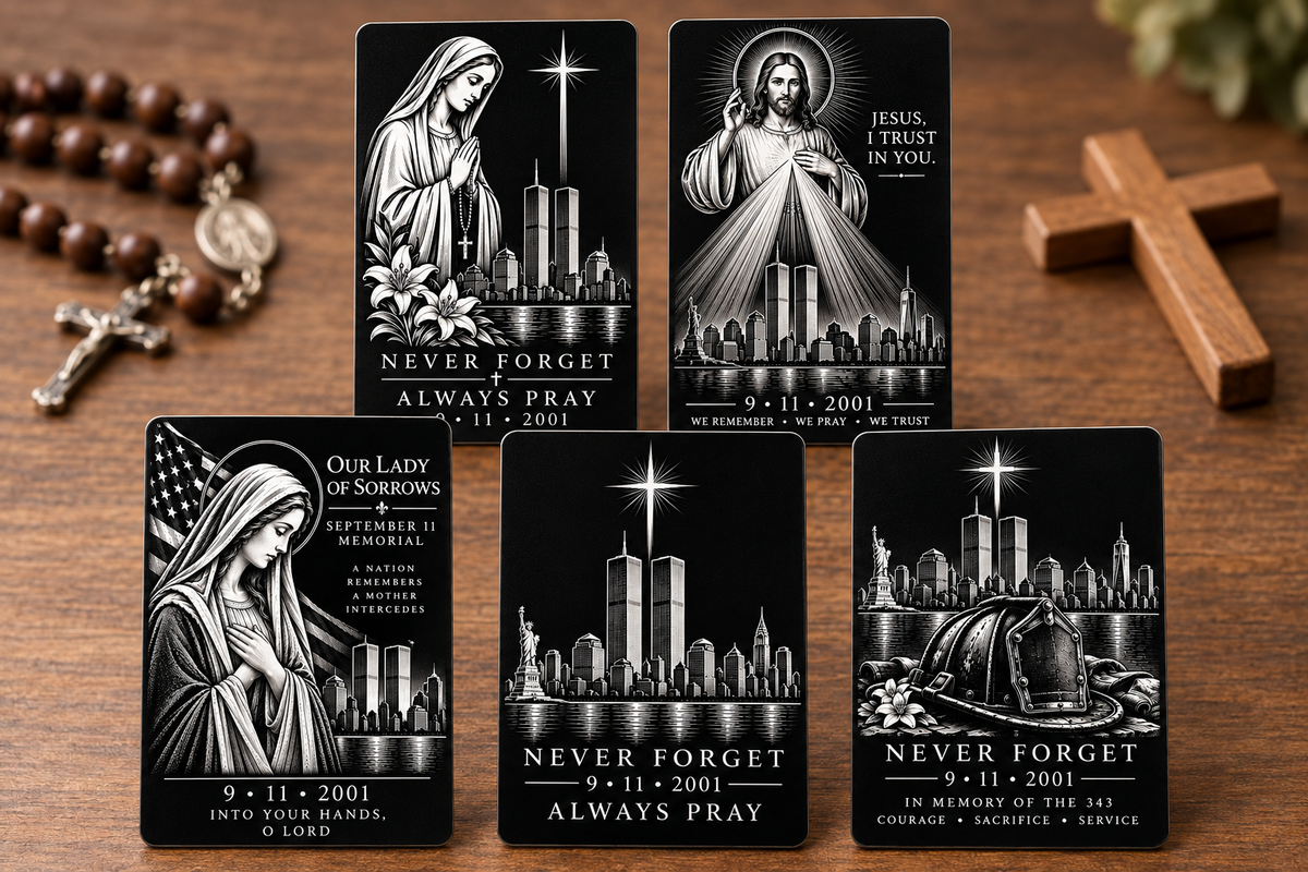 Complete five-card September 11 memorial metal prayer card set; front designs; product mockup