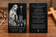 mary remembrance September 11 metal prayer card — front and prayer back of one card; product mockup