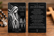 Our Lady of Sorrows September 11 metal prayer card — front and revised prayer back, with healing through her Son and prayer for perseverance in grace; product mockup