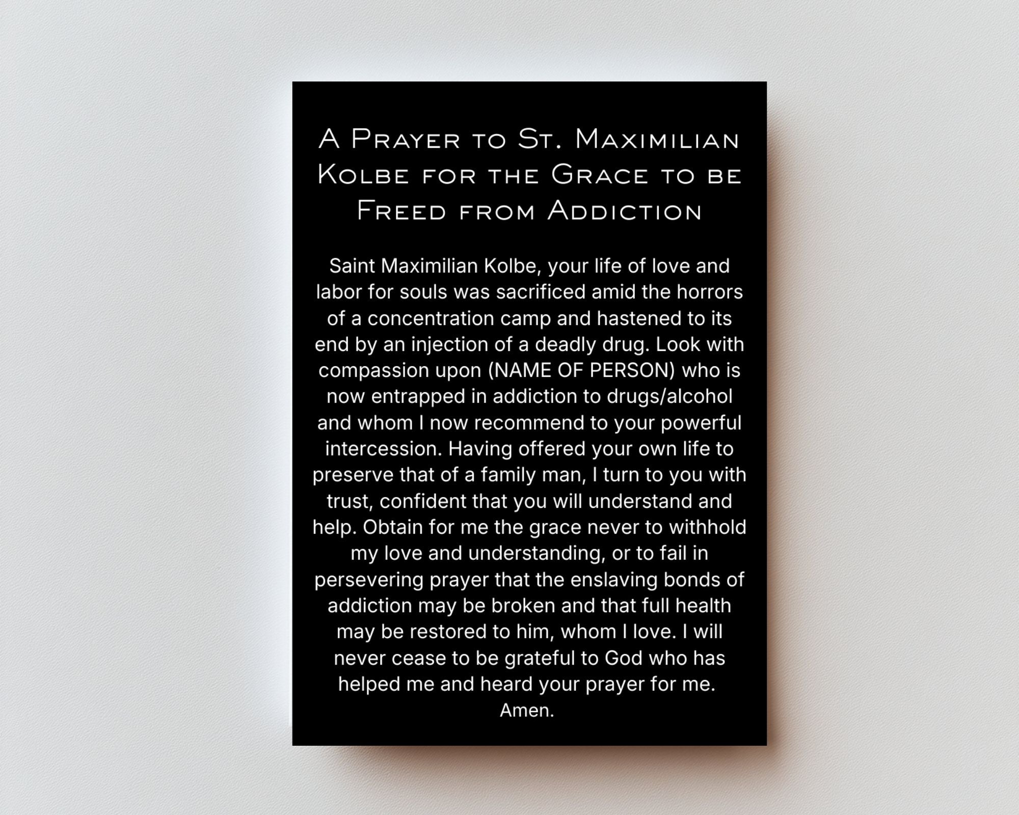 CLASSIC VERSION Prayer to Maximilian Kolbe for the Grace to be Freed from Addiction — Premium Metal Holy Card