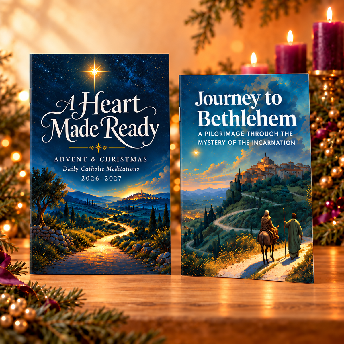 A Heart Made Ready and Journey to Bethlehem thin staple-bound booklets with flat straight covers on an Advent tabletop