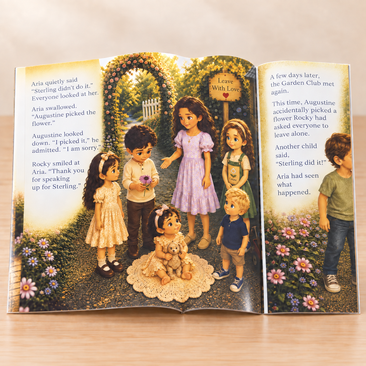 Thin softcover open-book mockup showing Aria speaking with courage and kindness