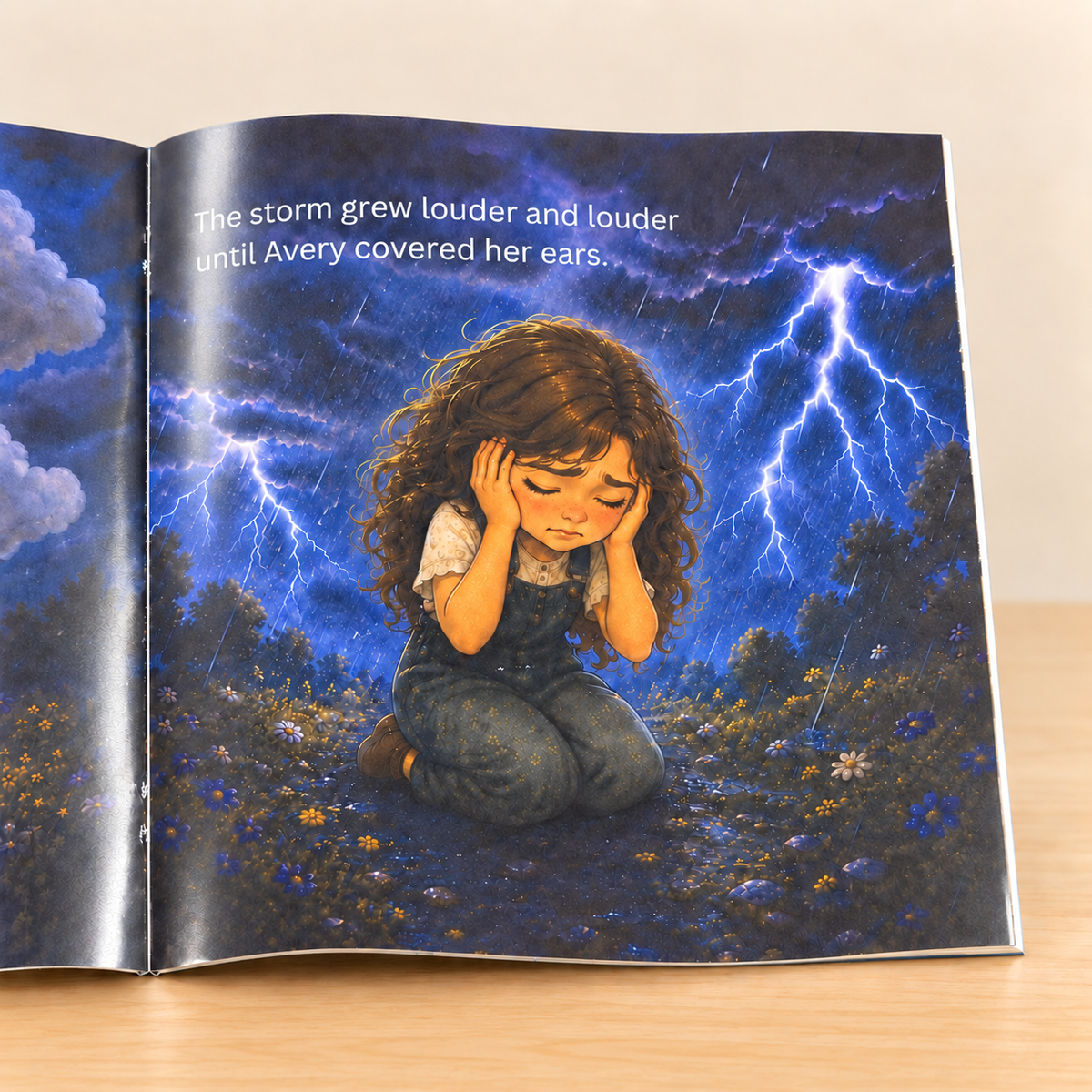 Thin softcover open-book mockup showing Avery facing anxious thoughts