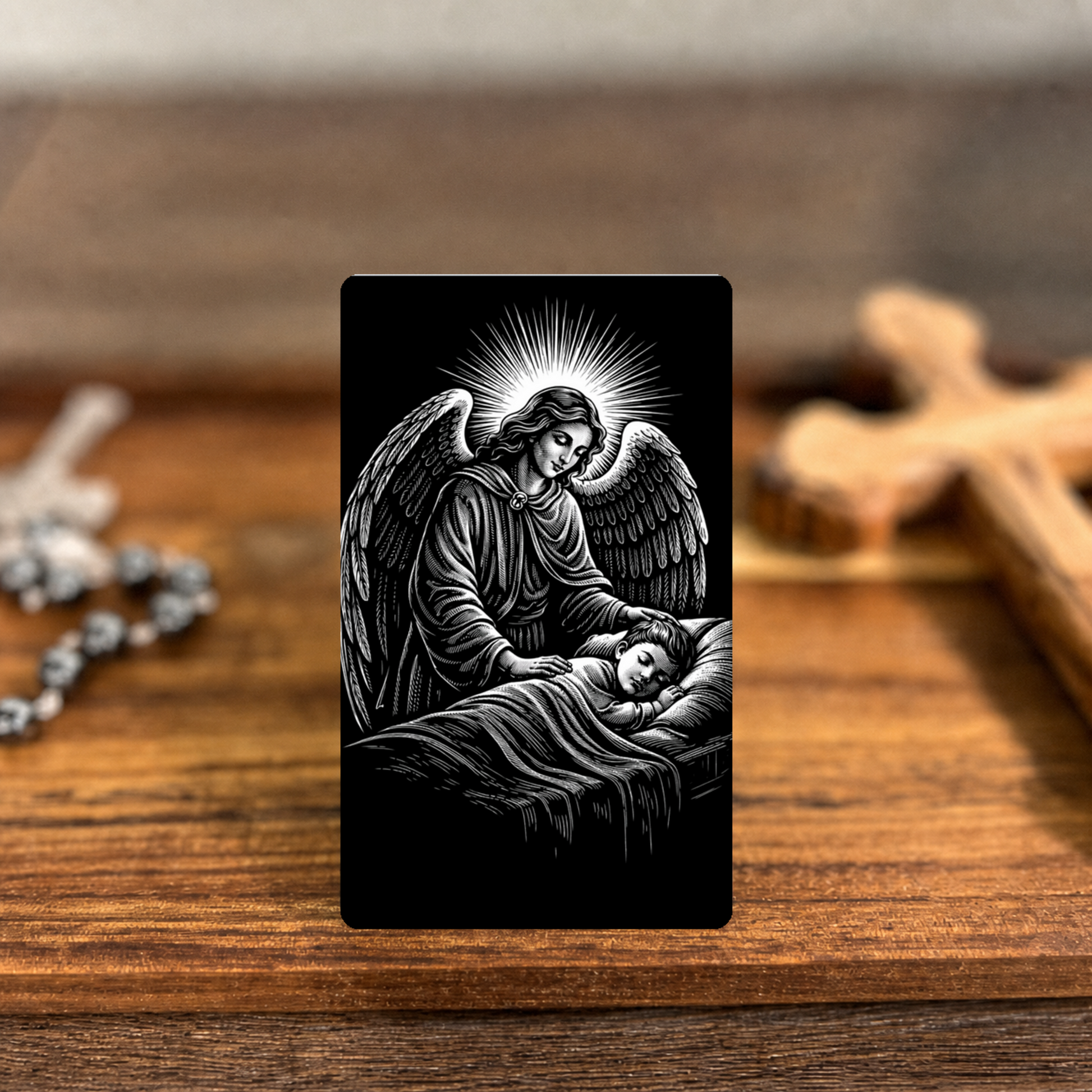 Blessing for Children premium metal prayer card — clean-edge warm devotional mockup