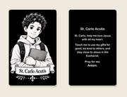 St. Carlo Acutis metal prayer card — front and prayer back