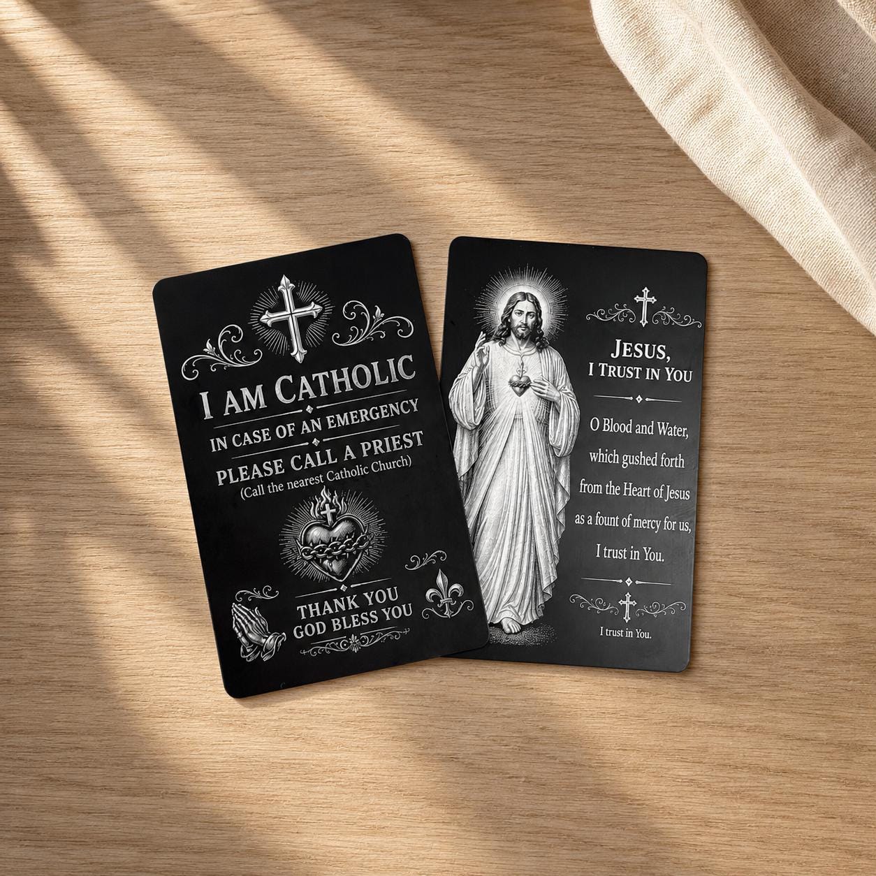 Catholic emergency card call a priest metal wallet card with Divine Mercy prayer reverse