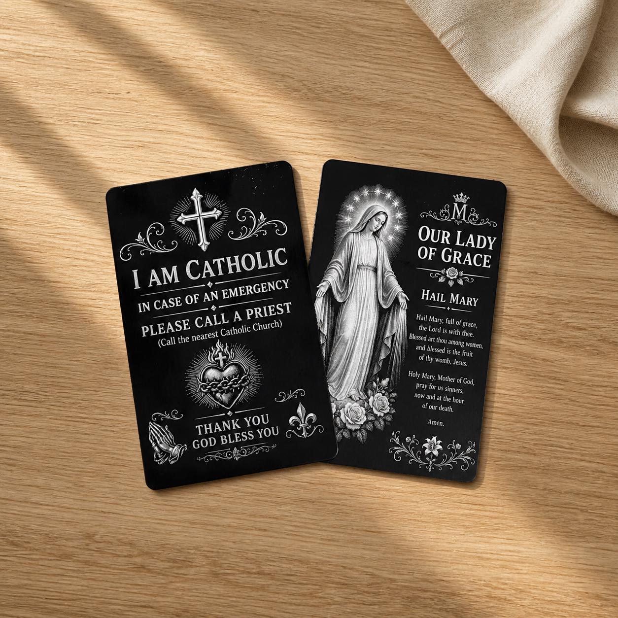 Catholic emergency call a priest wallet prayer card with Hail Mary reverse