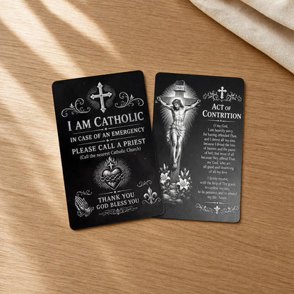 Catholic emergency call a priest metal card with Act of Contrition prayer reverse
