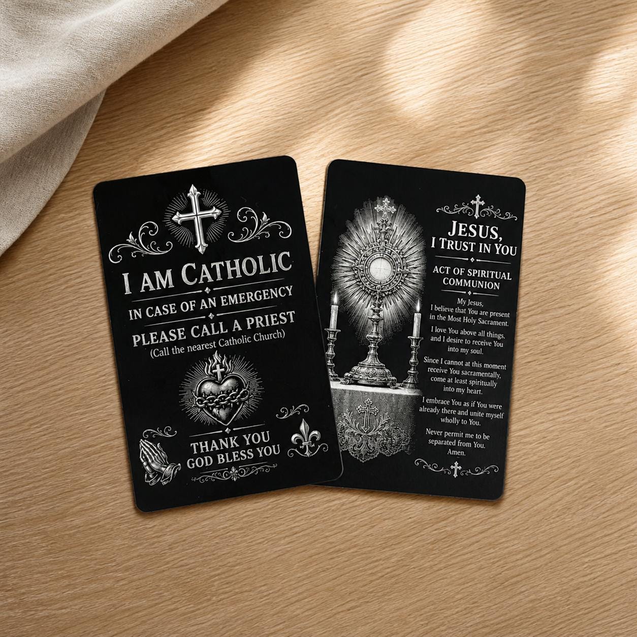 Catholic emergency call a priest wallet card with Spiritual Communion prayer reverse