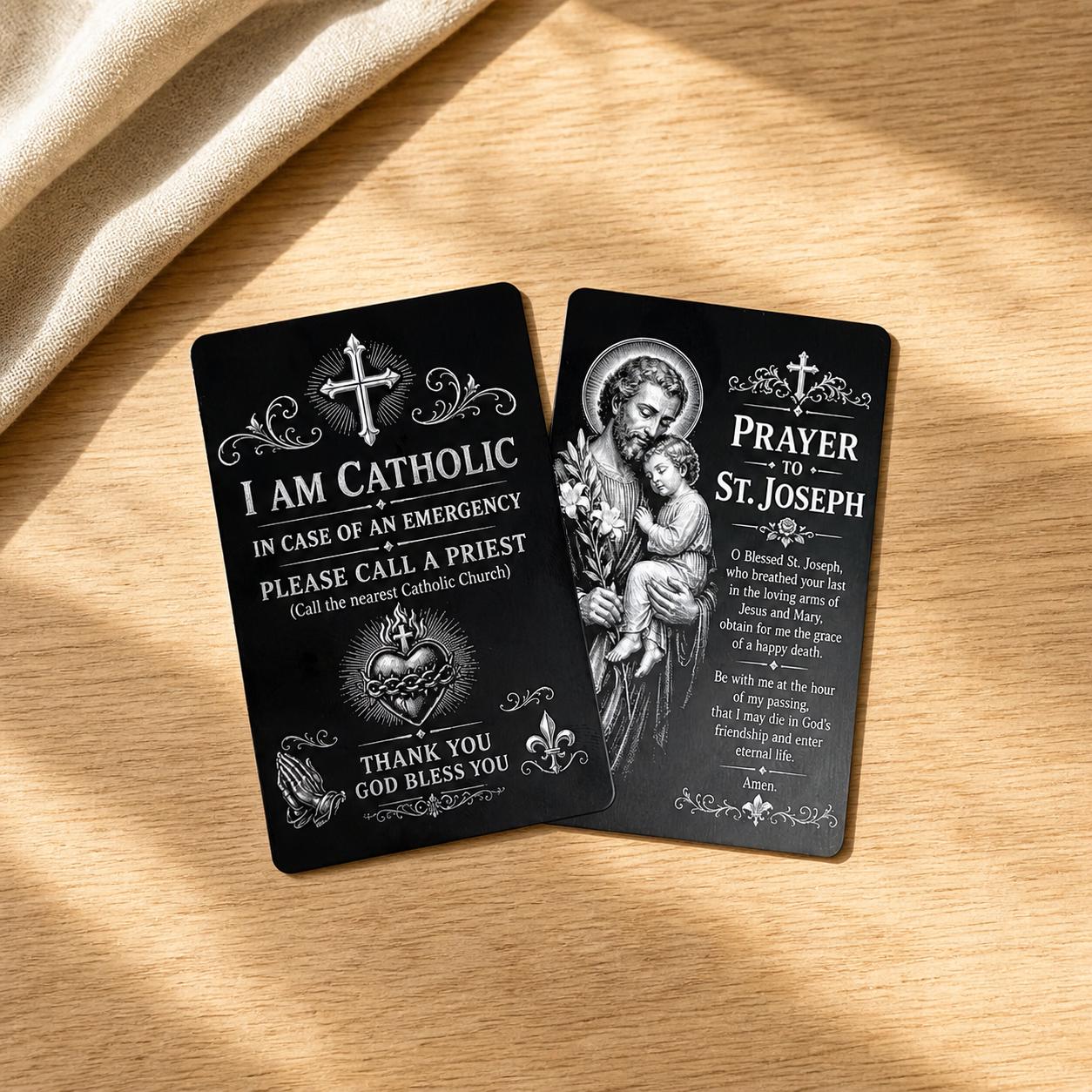 Catholic emergency call a priest metal wallet card with Saint Joseph prayer reverse