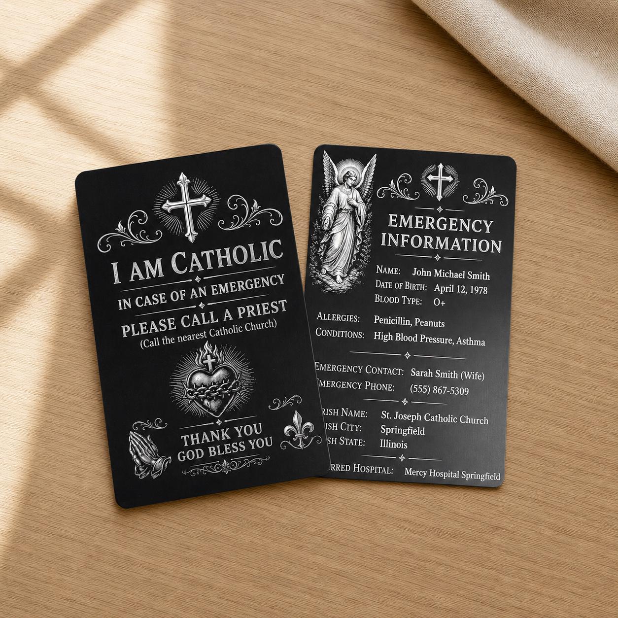 Catholic emergency call a priest card with custom medical information reverse