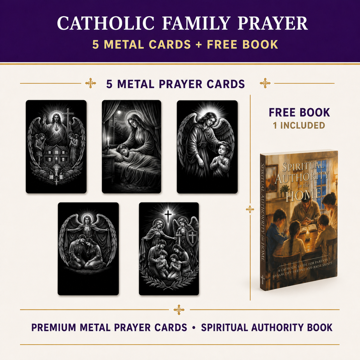 Catholic Family Prayer Metal Card Bundle — five metal cards and free book