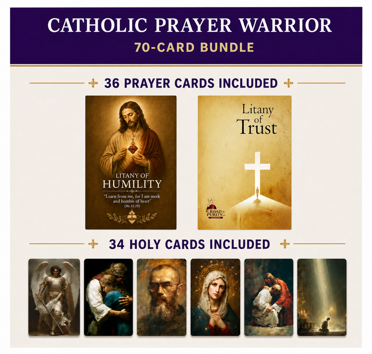 Catholic Prayer Warrior 70-Card Bundle with Litany of Humility and Litany of Trust Prayer Card fronts