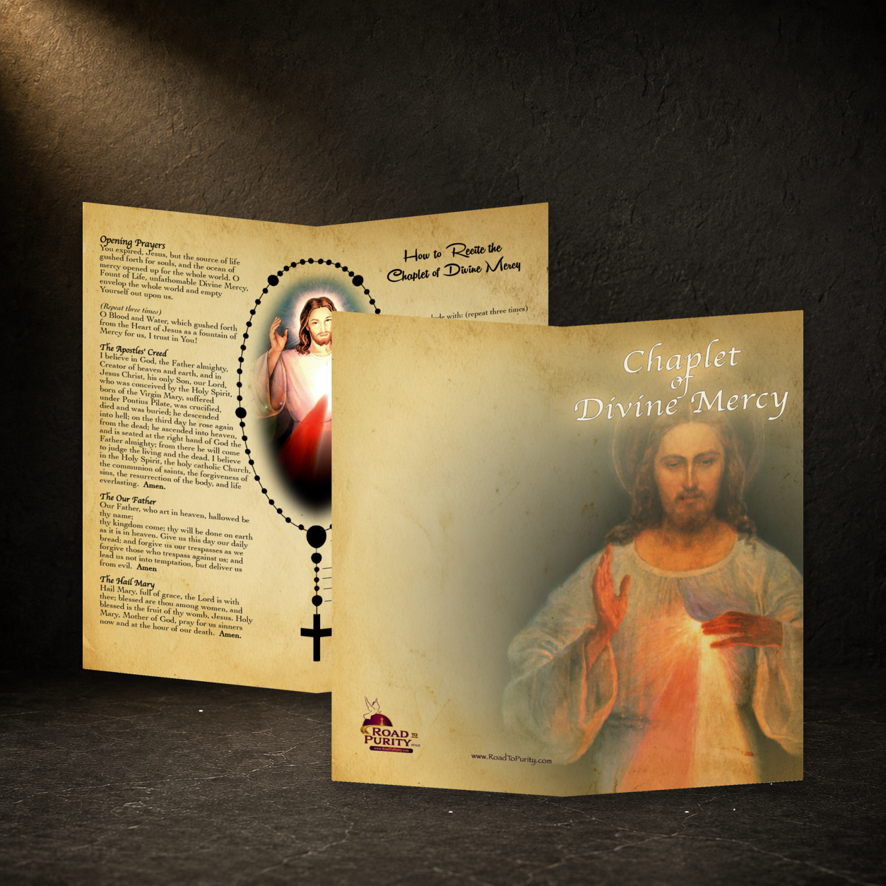 Chaplet of Divine Mercy prayer card in a dark premium devotional setting