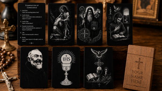 Confession and Mass Toolkit with seven premium metal holy cards and personalized wooden case — square category-safe mockup
