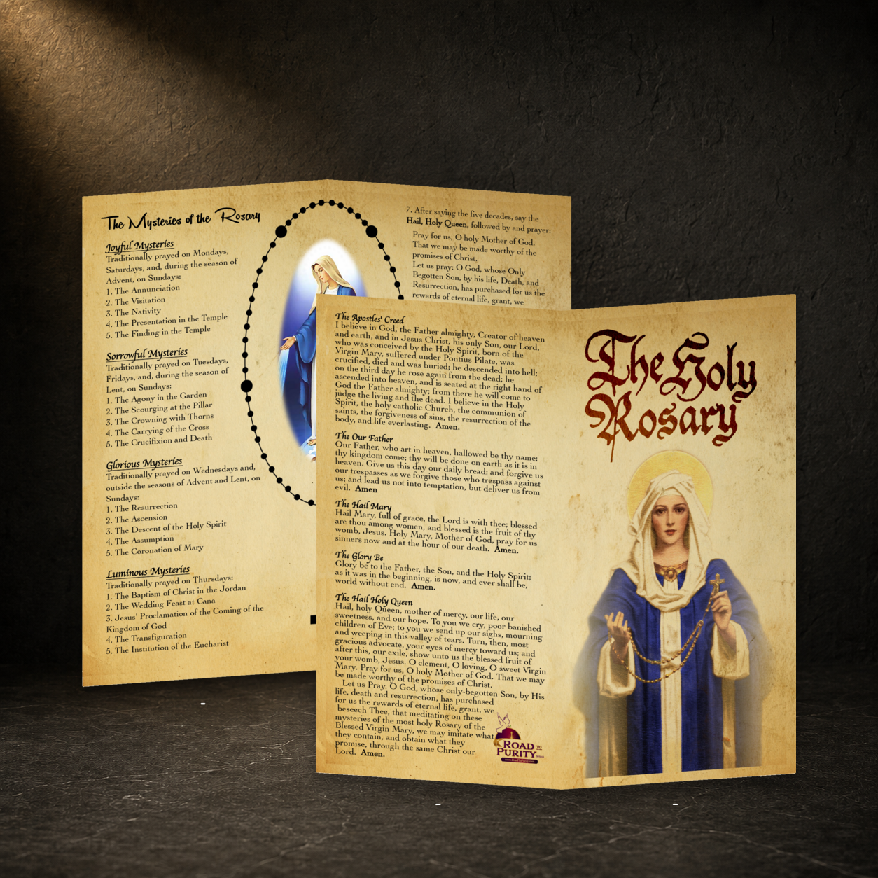 Holy Rosary prayer card in a dark premium devotional setting