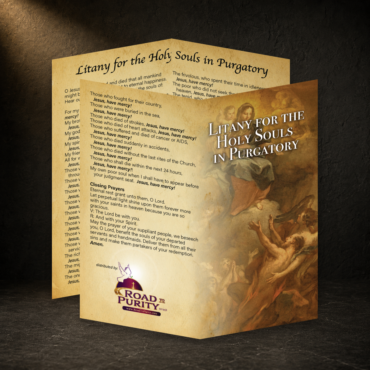 Litany for Holy Souls in Purgatory prayer card in a dark premium devotional setting