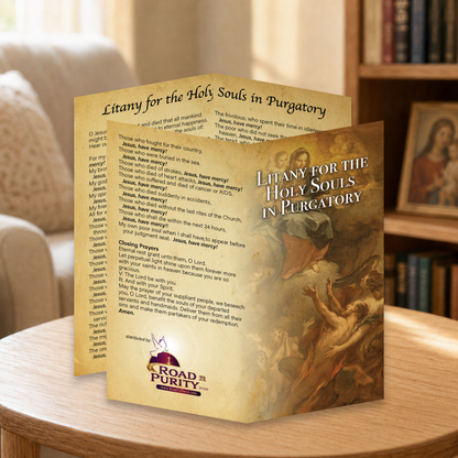Litany for Holy Souls in Purgatory prayer card displayed in a warm Catholic reading area