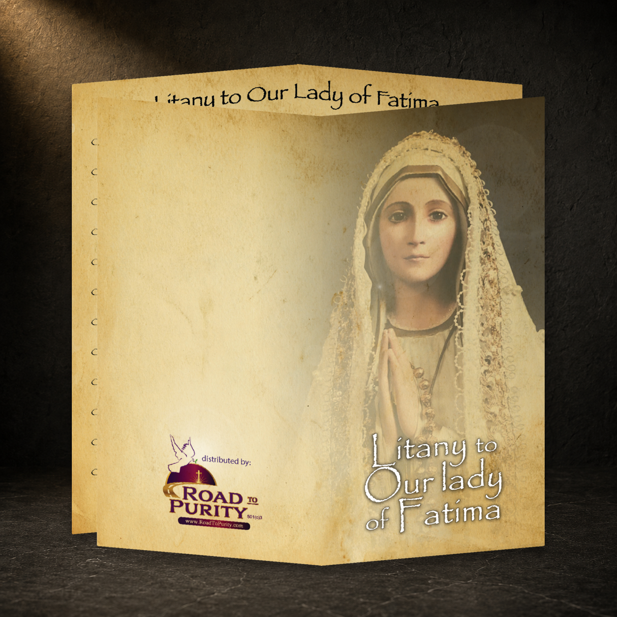 Litany to Our Lady of Fatima prayer card in a dark premium devotional setting