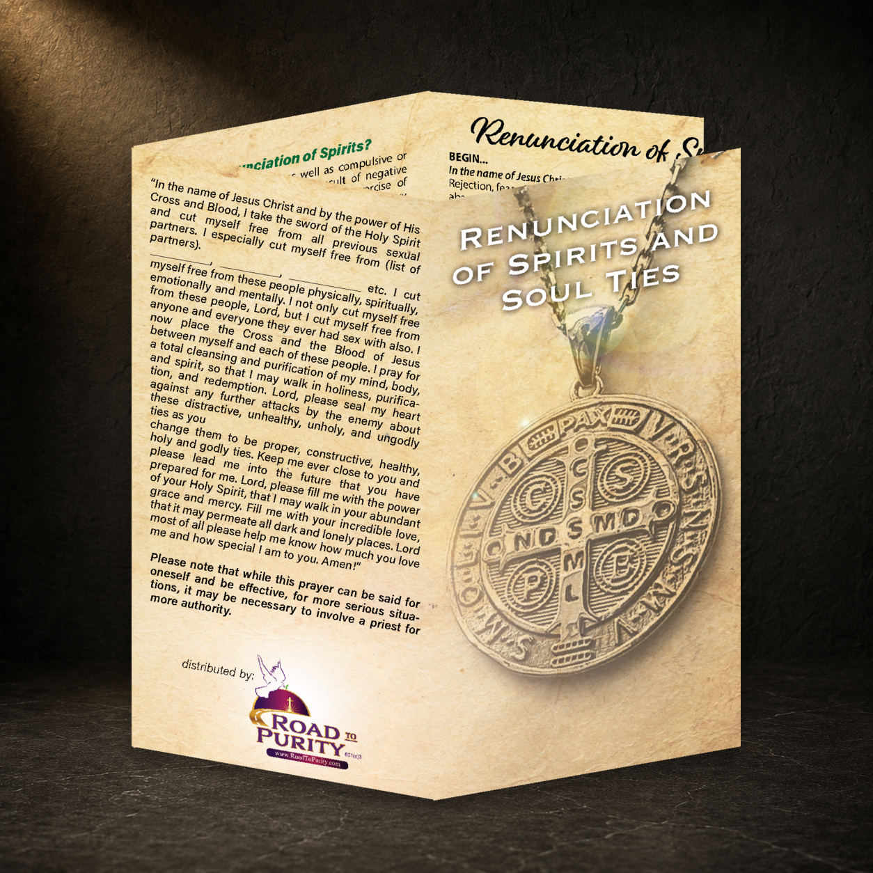 Renunciation of Spirits and Soul Ties prayer card in a dark premium devotional setting