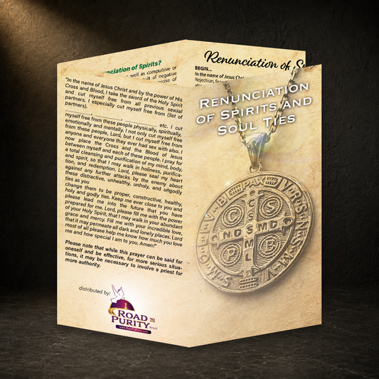 Renunciation of Spirits and Soul Ties prayer card in a dark premium devotional setting