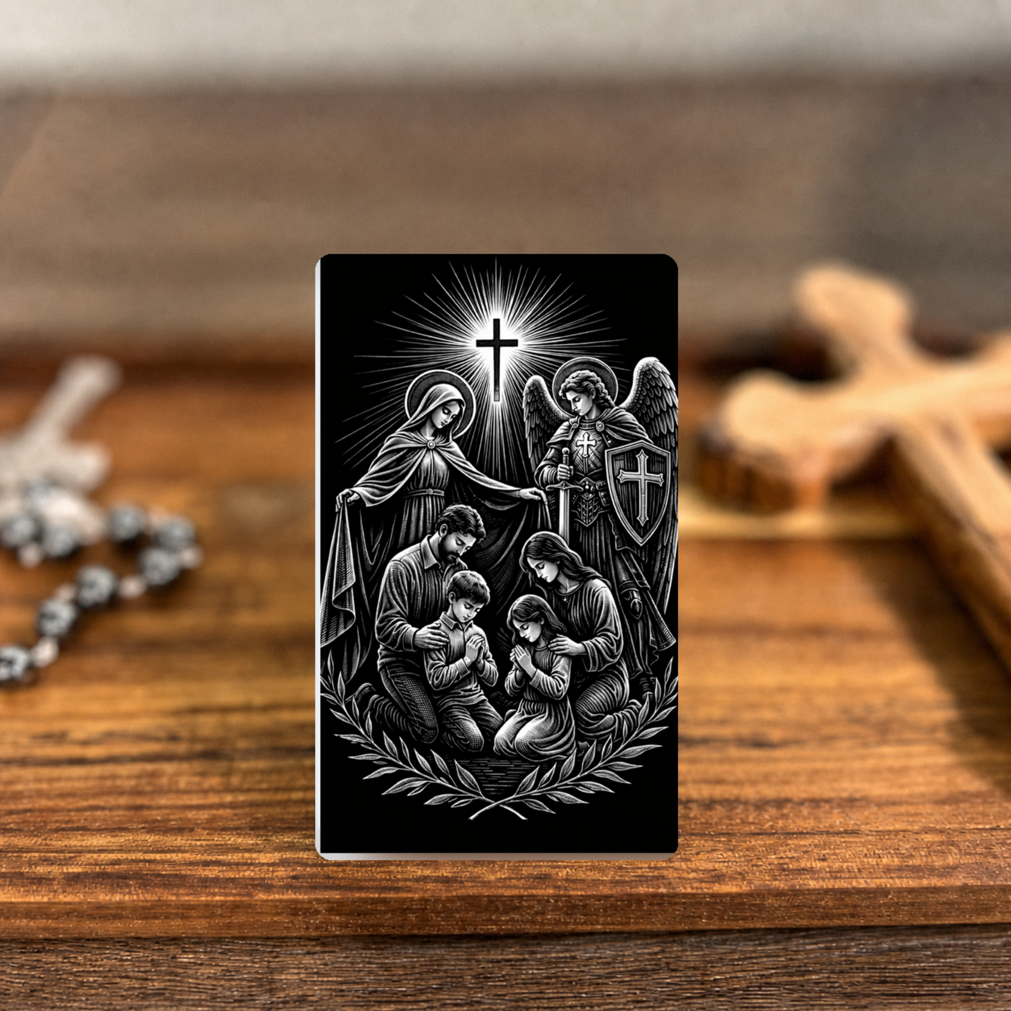 Daily Family Prayer premium metal prayer card — approved warm devotional mockup