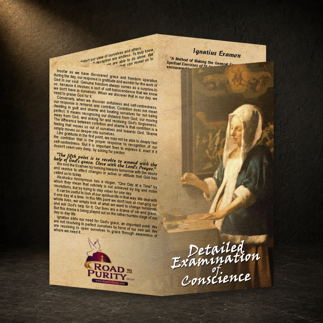 Detailed Examination of Conscience prayer card in a dark premium devotional setting