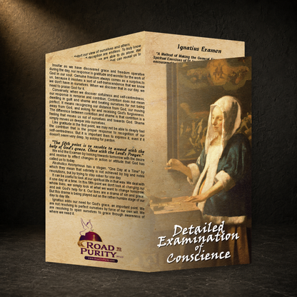 Detailed Examination of Conscience prayer card in a dark premium devotional setting